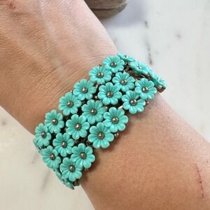 Vintage Wide Aqua Thermoset Flower Bracelet Silver Feminine Coquette Cottage